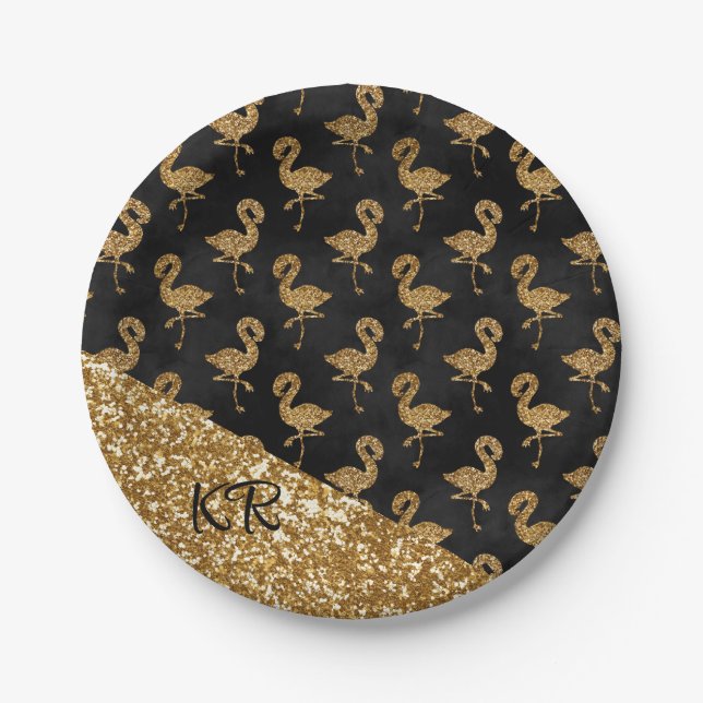 Elegante Gold Glitzer Flamingo Muster Initials Pappteller (Vorderseite)