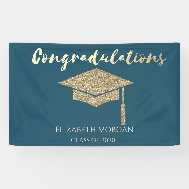 Elegante Gold Glitzer Graduate Cap, Abschluss Banner (Horizontal)