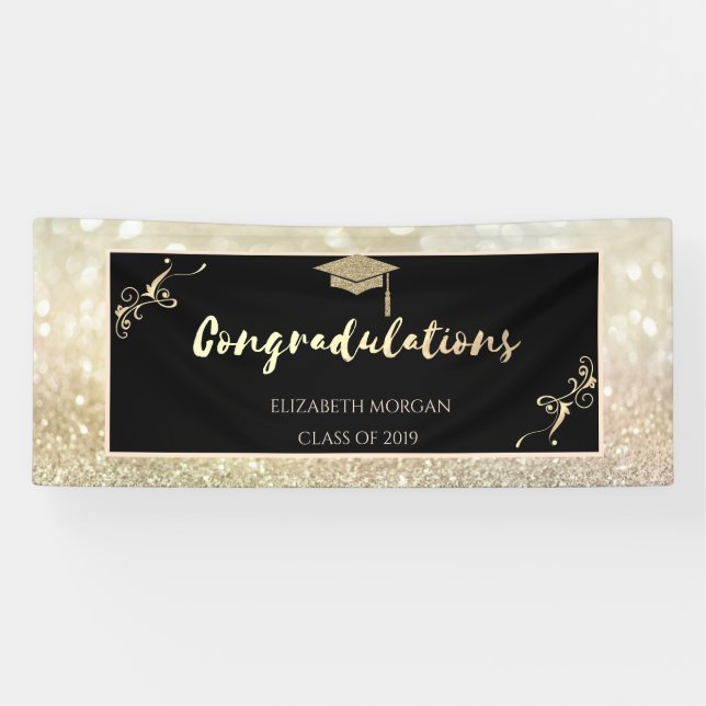 Elegante Gold Glitzer Graduate Cap, Bokeh Banner (Horizontal)