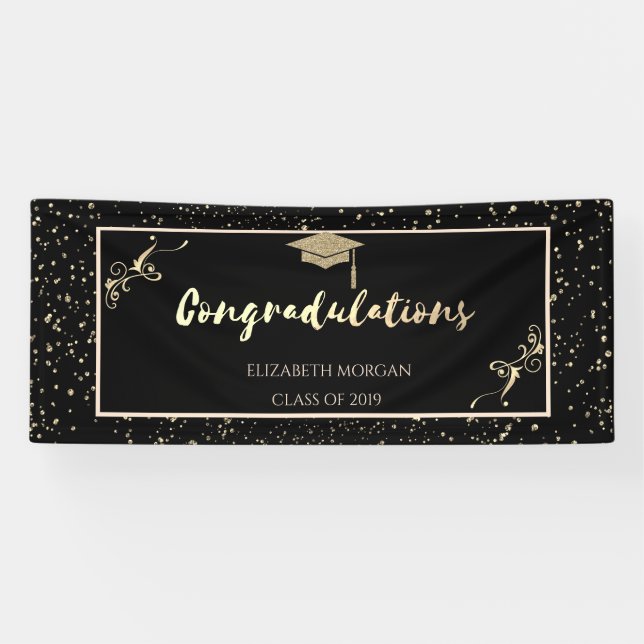 Elegante Gold Glitzer Graduate Cap, Confetti Banner (Horizontal)