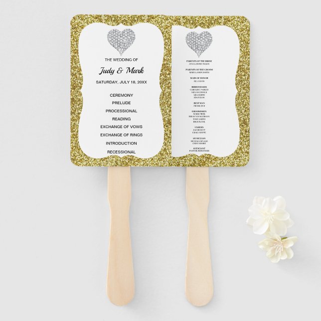 Elegante Gold Glitzer Heart Wedding Program Fans Fächer (Vorne und Hinten)