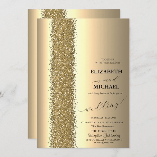 Elegante Gold Glitzer Script Wedding Einladung (Vorne/Hinten)