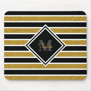 Elegante Gold Glitzer Streifen mit Name Monogram Mousepad
