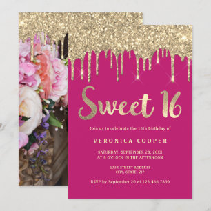 Elegante Gold Glitzer Tropfen 16 . Geburtstag Foto Einladung