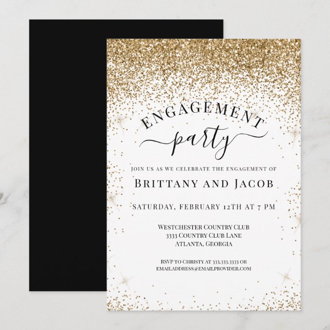Elegante Gold Glitzer Wedding Engagement Party Einladung (Vorne/Hinten)