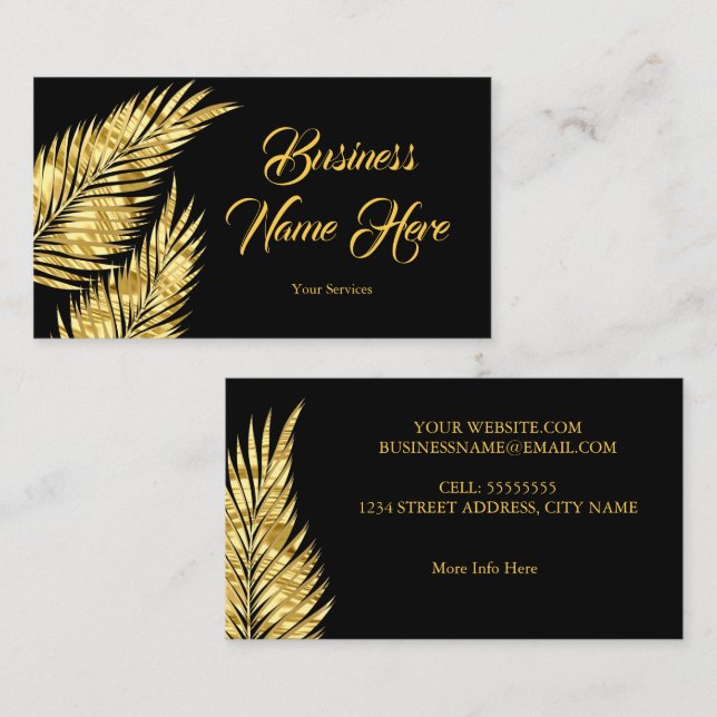 Elegante Gold Golden Palms Black Business Card Visitenkarte (Vorne/Hinten)