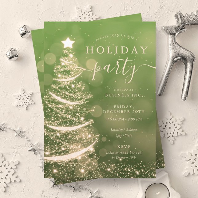 Elegante Gold Green Christmas Tree Company Holiday Einladung (Elegant Gold Green Christmas Tree Company Holiday Invitation)