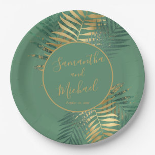 Elegante Gold Green Tropical Pflanze Blätter Hochz Pappteller