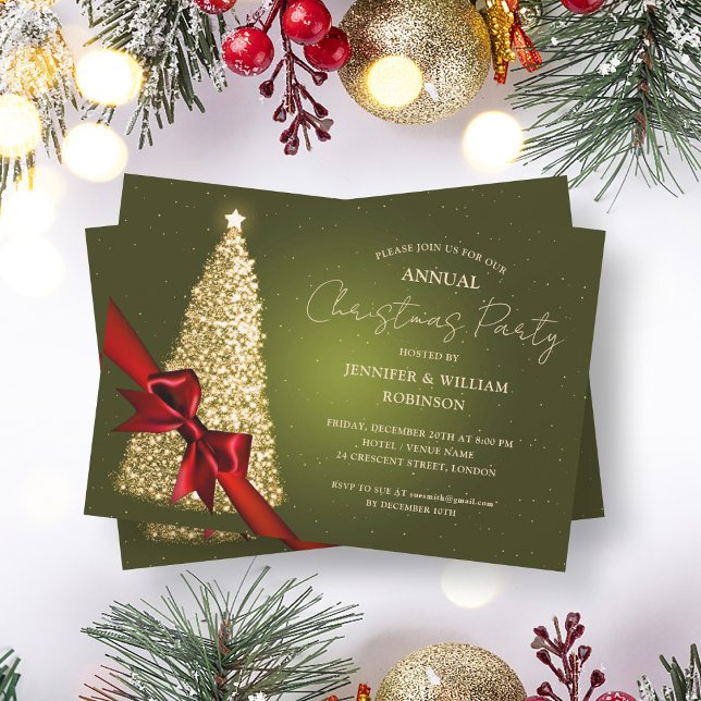 Elegante Gold Green Xmas Tree Ribbon Holiday Party Einladung (Elegant Gold Green Xmas Tree Ribbon Holiday Party Invitation)