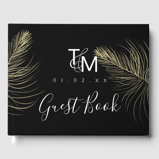 Elegante Gold Hand Drawn Feather Chic Wedding Gästebuch (Vorderseite)