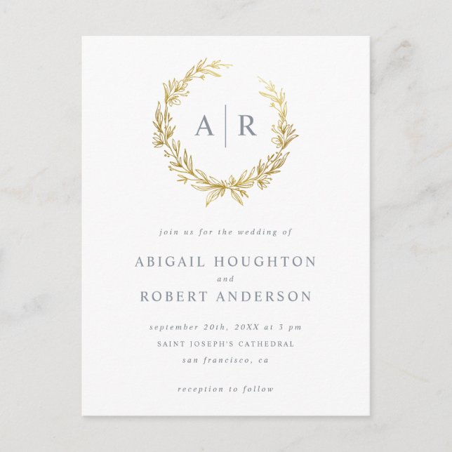 Elegante Gold Hand gezeichnet Wreath-Initialen Hoc Einladungspostkarte (Vorderseite)