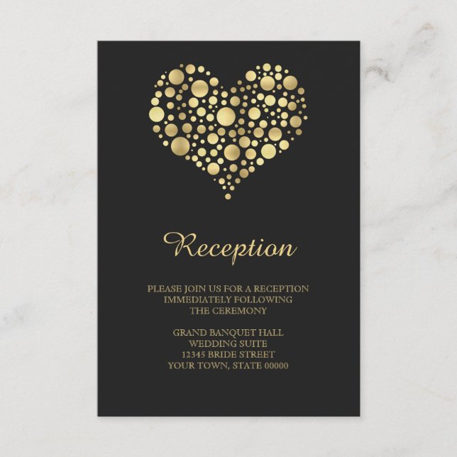 Elegante Gold Heart Dusty Black Empfang Info Card Begleitkarte (Vorderseite)