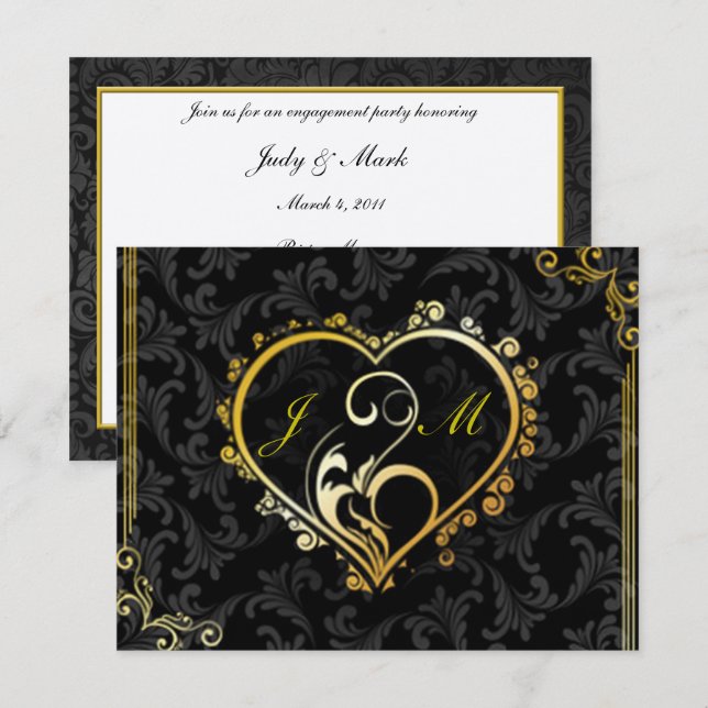 Elegante Gold Heart Monogram Engagement Party Invi Einladung (Vorne/Hinten)