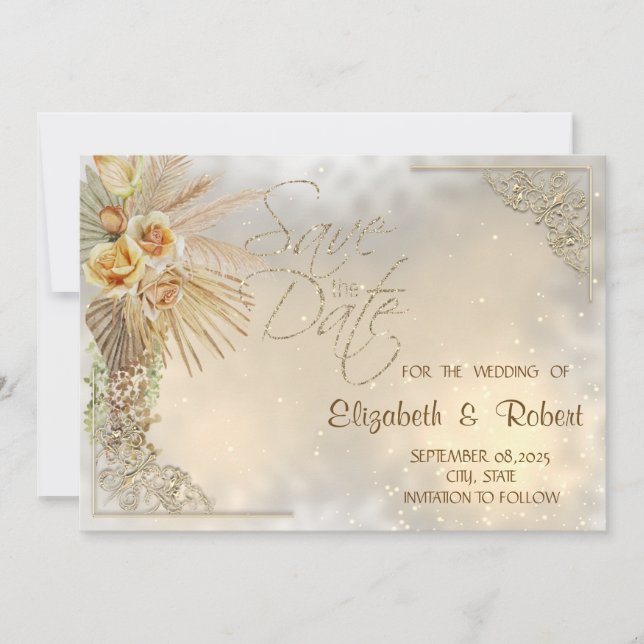 Elegante Gold Hearts Boho Blume Save the Date (Vorderseite)
