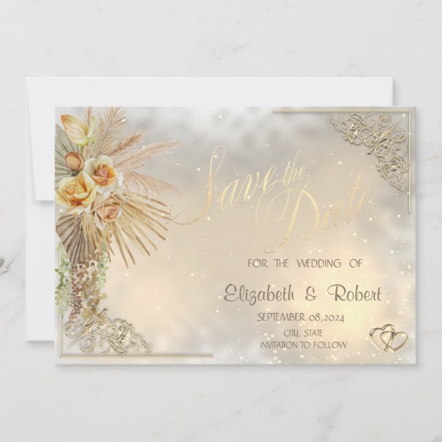 Elegante Gold Hearts Boho Blume Save the Date (Vorderseite)