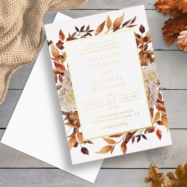 Elegante Gold-Hochzeit im Herbst Folieneinladung (Elegant Watercolor Autumn Floral Gold Wedding Foil Invitation by Painted Paperie
)