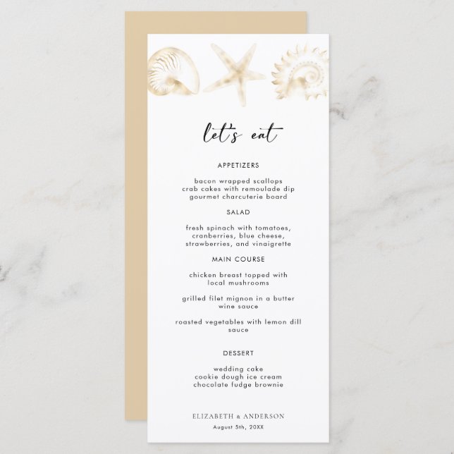 Elegante Gold Hochzeit in Urlaubsort Menu Card Menükarte (Vorne/Hinten)