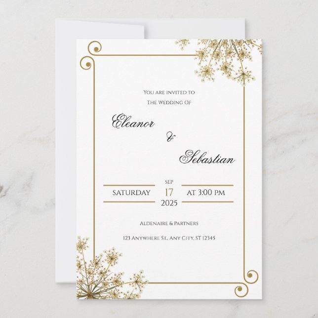 Elegante Gold Hochzeit mit floraler Akzenz Einladung (Vorderseite)
