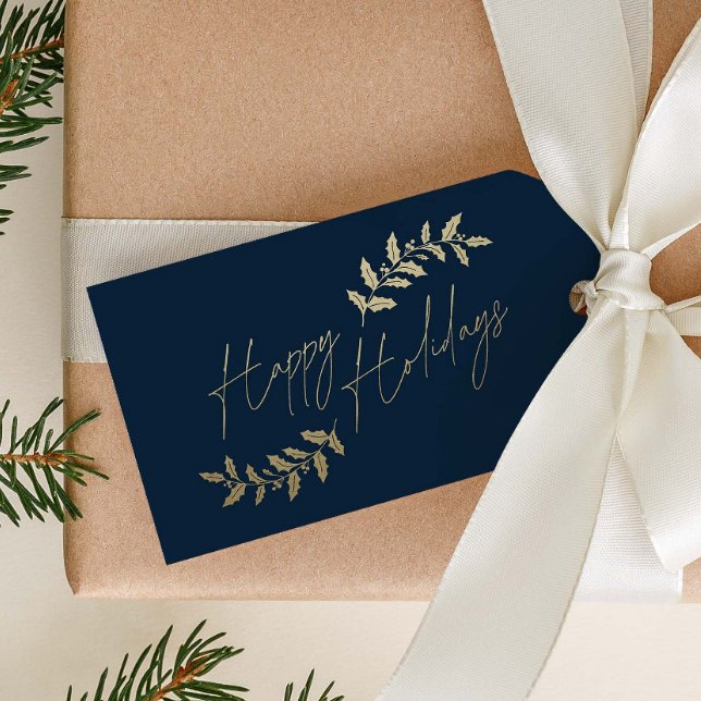 Elegante Gold Holly Branches Weihnachtsfeiertag Geschenkanhänger (Gold and Navy Blue Happy Holidays Script Gift Tags.)