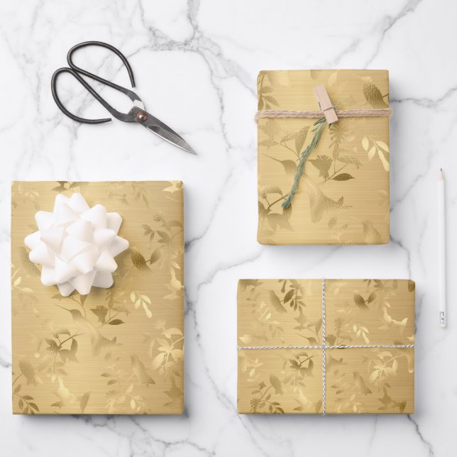 Elegante Gold Hummingbirds Wrapping Paper Sheets Geschenkpapier Set (Vorderseite)