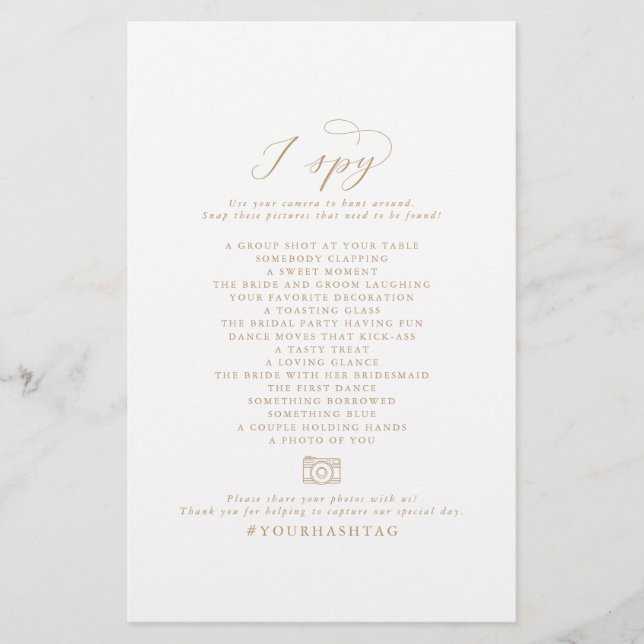 Elegante Gold I Spy Wedding Foto Scavenger Hunt Flyer (Vorne)