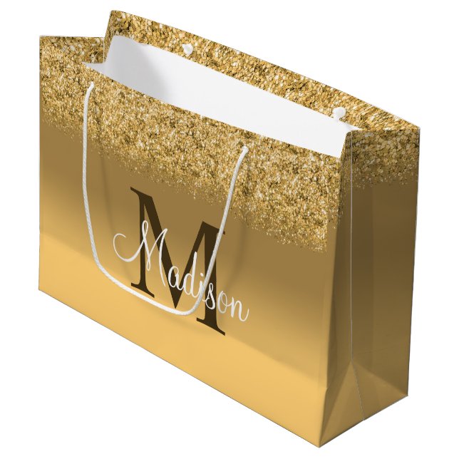 Elegante Gold Imitate Glitzer Monogram Große Geschenktüte (Vorderseite Schrägansicht)