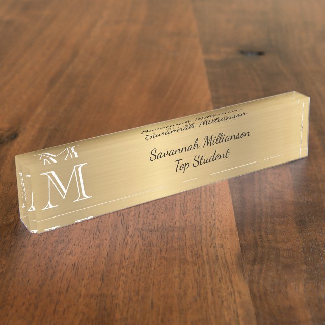 Elegante Gold Imitate Metal Monogram Student Namensplakette (Seite)