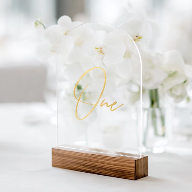 Elegante Gold Imitats Foil Arch Akryllische Tischn Acryleinladungen (Elegant Gold Faux Foil Arch Acrylic Table Number. Please note: Wood block stand is not included.)