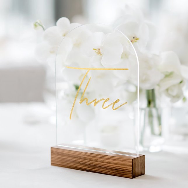 Elegante Gold Imitats Foil Arch Akryllische Tischn Acryleinladungen (Elegant Gold Faux Foil Arch Acrylic Table Number. Please note: Wood block stand is not included.)