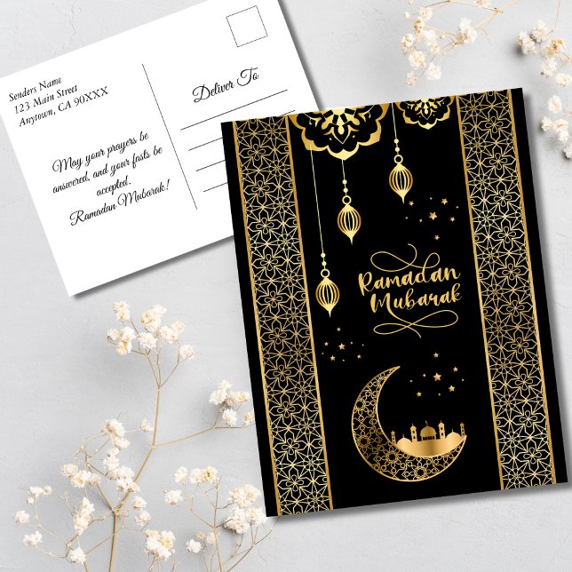 Elegante Gold Islamic Patterns Ramadan Mubarak Postkarte (Elegant Gold and Black Islamic Patterns Ramadan Mubarak Postcard)
