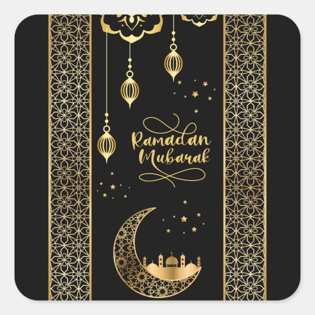 Elegante Gold Islamic Patterns Ramadan Mubarak Quadratischer Aufkleber (Vorderseite)