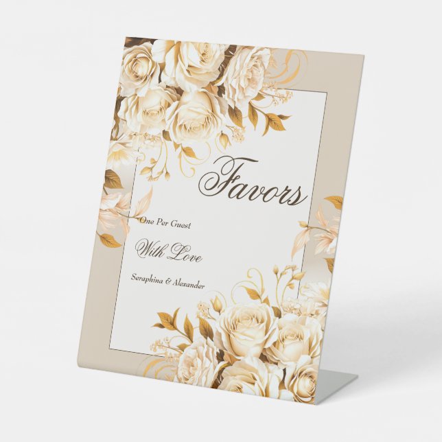 Elegante Gold Ivory Gastgeschenke Hochzeiten Table Sockelschild (Vorderseite)