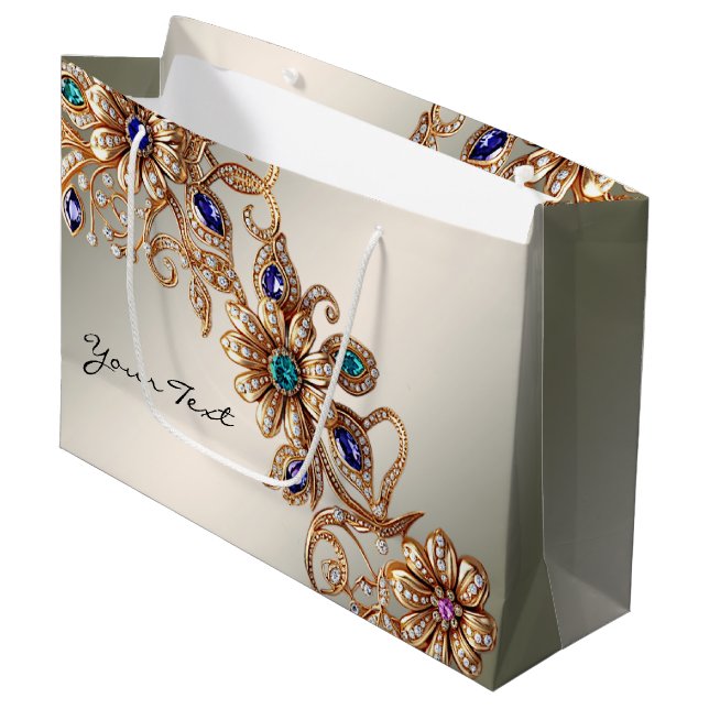Elegante Gold Jewel Blume Geschenktasche Große Geschenktüte (Vorderseite Schrägansicht)