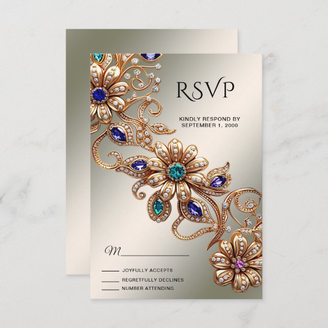 Elegante Gold Jewel Blume RSVP Card (Vorne/Hinten)
