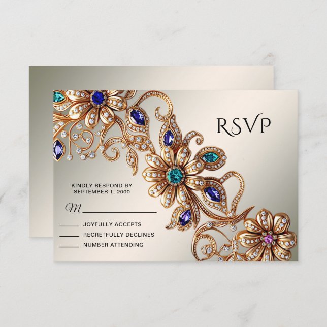 Elegante Gold Jewel Blume RSVP Card (Vorne/Hinten)