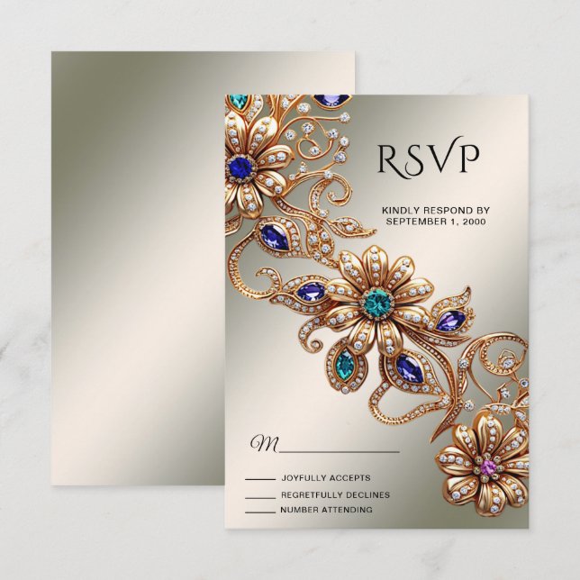 Elegante Gold Jewel Blume RSVP Card Karte (Vorne/Hinten)