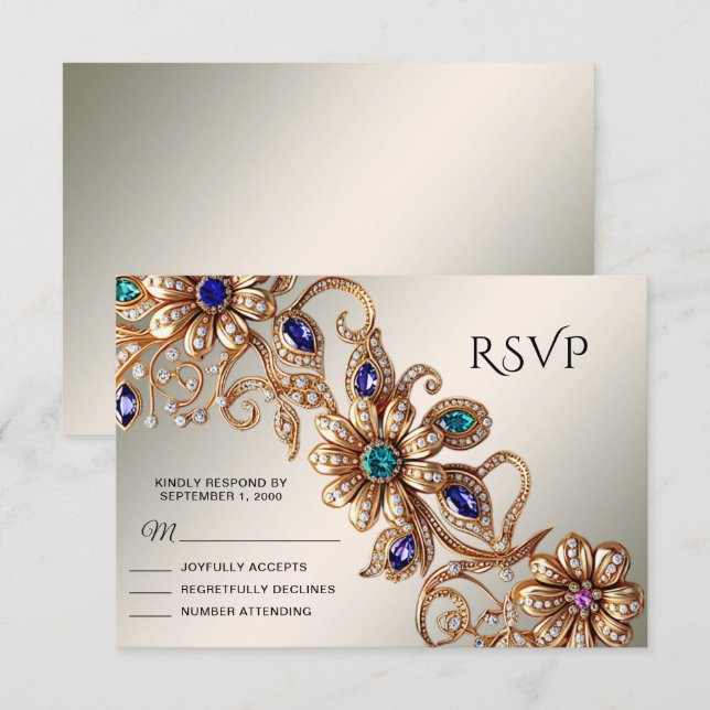 Elegante Gold Jewel Blume RSVP Card Karte (Vorne/Hinten)