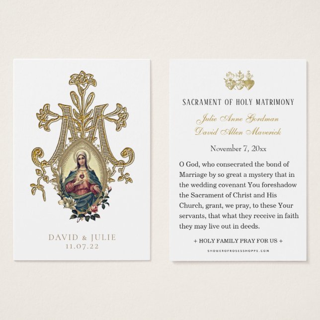 Elegante Gold Katholic Wedding Prayer Card (Vorne & Hinten)