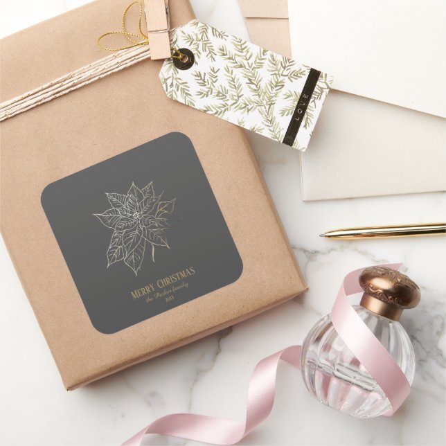 Elegante Gold Kontur Poinsettia im dunklen Hinterg Quadratischer Aufkleber (Schenken)