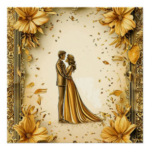 Elegante Gold-Kunst eines romantischen Brautpaares Poster