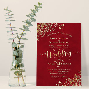 Elegante Gold Lace auf Crimson Red Frilly Wedding Folieneinladung