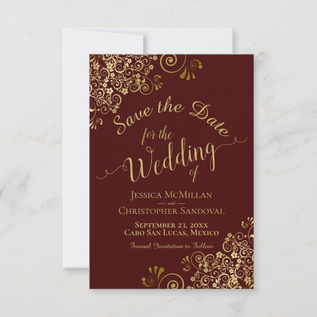 Elegante Gold Lace auf der Auburn Brown Wedding Save The Date (Vorderseite)