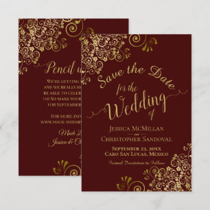Elegante Gold Lace auf der Auburn Brown Wedding Save The Date