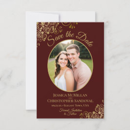Elegante Gold Lace & Foto Auburn Brown Wedding Save The Date