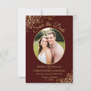 Elegante Gold Lace & Foto Auburn Brown Wedding Save The Date