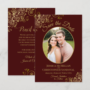 Elegante Gold Lace & Foto Auburn Brown Wedding Save The Date