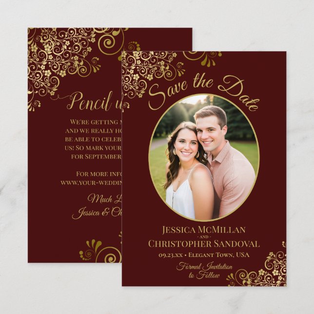 Elegante Gold Lace & Foto Auburn Brown Wedding Save The Date (Vorne/Hinten)