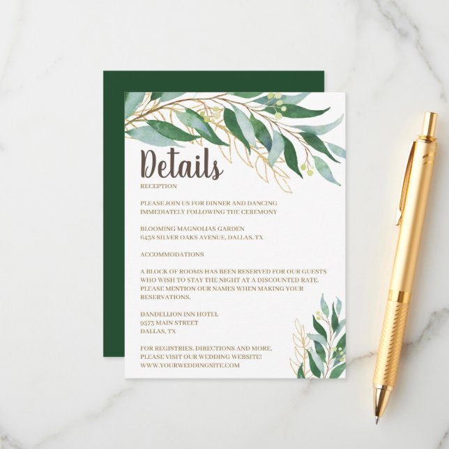 Elegante Gold Leaf Wedding Details Einsteckkarte Begleitkarte (Vorderseite/Rückseite Beispiel)