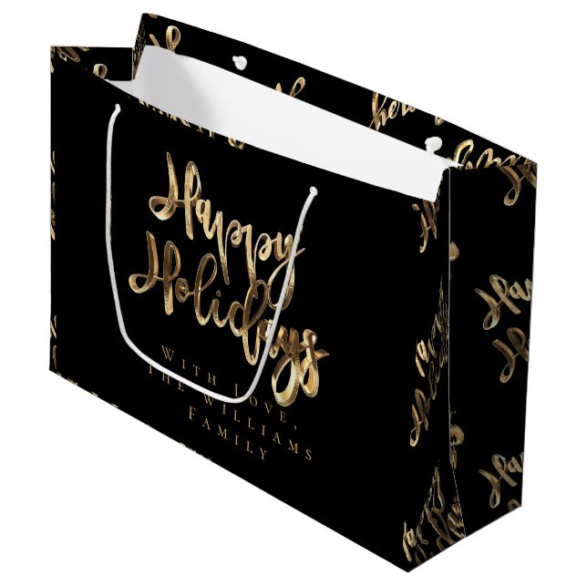 Elegante Gold Look Script Black Happy Holidays Große Geschenktüte (Vorderseite Schrägansicht)