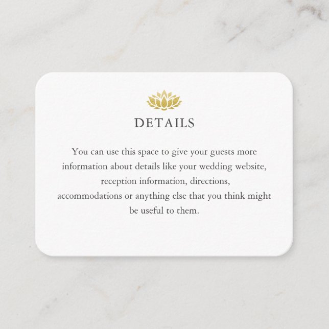Elegante Gold Lotus Blume Hochzeiten Details Begleitkarte (Vorderseite)